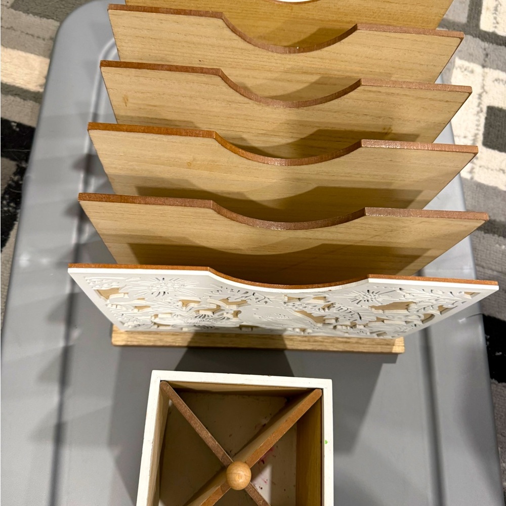 Wood with bird pattern desk file organizer and pen holder